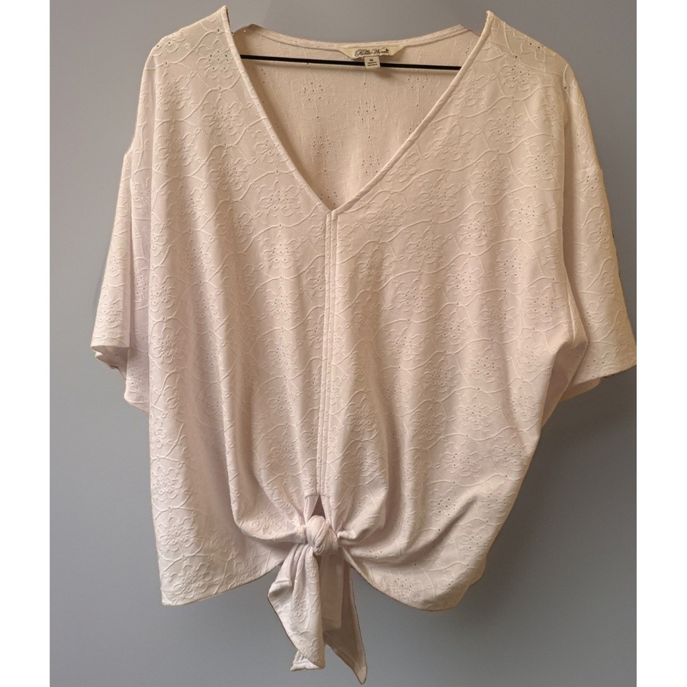 The Pioneer Woman White Eyelet Front Tie Top XL V-Neck Short Sleeve